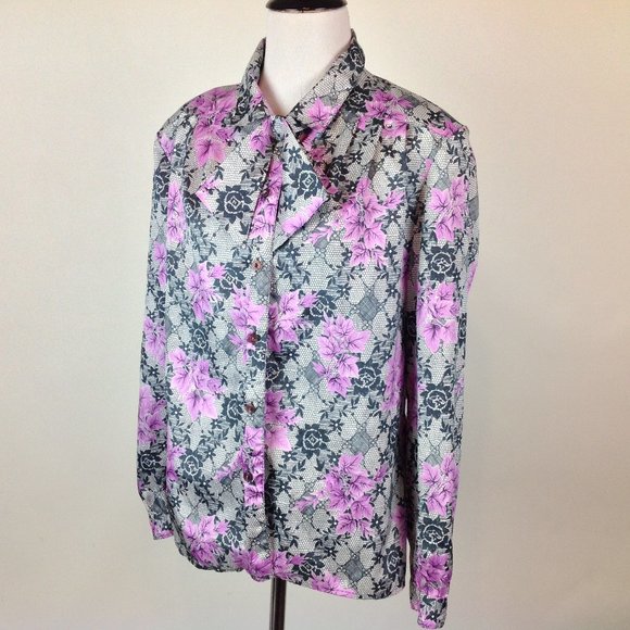 Vintage Pykettes Top Womens Medium Floral Lavender - Picture 3 of 6